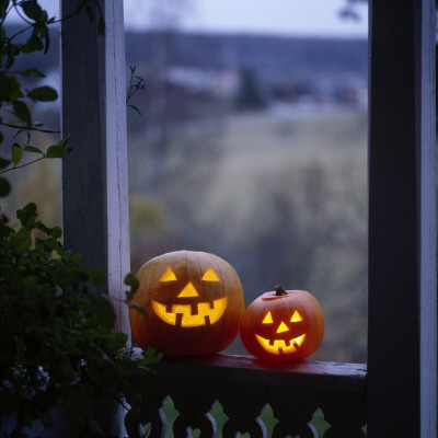Two Halloween Pumpkins On A Porch by Lars Dahlstrom Pricing Limited Edition Print image