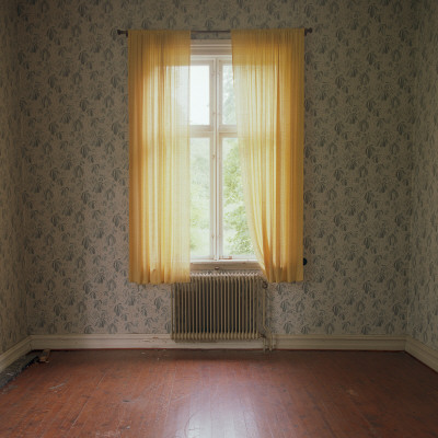 The View Of An Old Empty Room With Yellow Curtains, Sweden by Lo Birgersson Pricing Limited Edition Print image