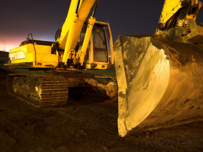 Yellow Back Hoe At Night by David Elton Pricing Limited Edition Print image