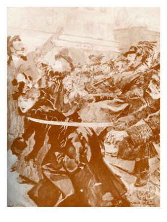 Demonstration (Prague 1897) - Soldiers With Abres And Rifles Advancing On Women Demonstrators by William Hole Pricing Limited Edition Print image