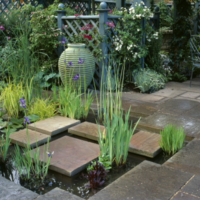 Water Feature: Square Stepping Stones Across Sunken Pond, Sunday Times Garden by Clive Nichols Pricing Limited Edition Print image
