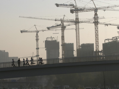 School Children Run Home Across Bridge Over Road Amid Landscape Dominated By Construction, Beijing by Ben Mcmillan Pricing Limited Edition Print image