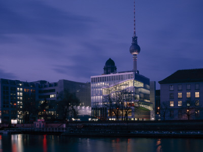 Netherlands Embassy, Berlin, Exterior Nightshot Across River Spree With Alexanderplatz Fernsehturm by Nicholas Kane Pricing Limited Edition Print image