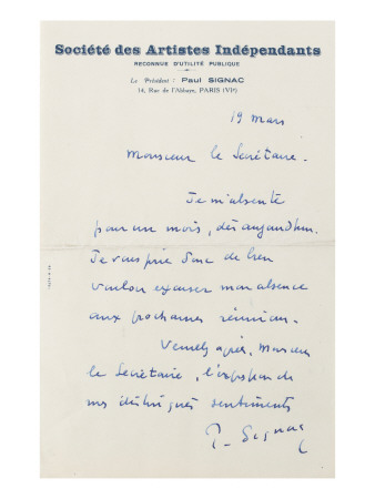 Lettre Autographe Signée Au Secrétaire Général De La Société by Paul Signac Pricing Limited Edition Print image
