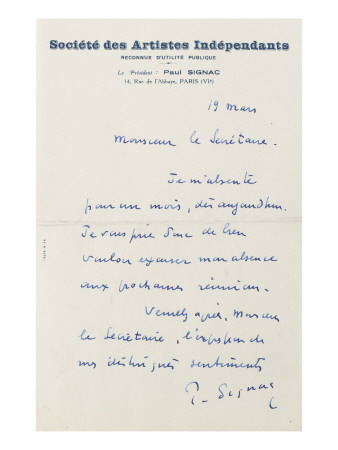 Lettre Autographe Signee Au Secretaire General De La Societe by Paul Signac Pricing Limited Edition Print image
