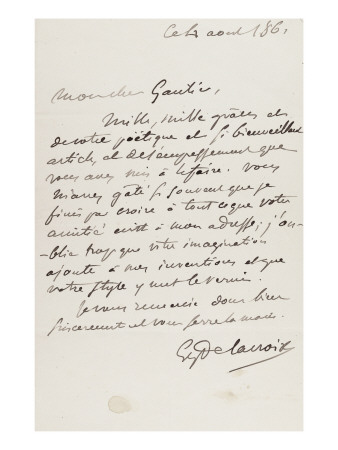 Lettre Autographe Signée À Théophile Gautier Datée Du 4 Août 1861 by Eugene Delacroix Pricing Limited Edition Print image