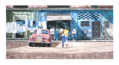 Pink Mercedes With Blue Market by Dwight Baird Pricing Limited Edition Print image