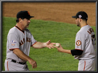 San Francisco Giants V Texas Rangers, Game 3: Jonathan Sanchez,Bruce Bochy by Doug Pensinger Pricing Limited Edition Print image