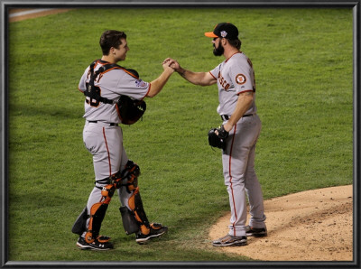 San Francisco Giants V Texas Rangers, Game 4: Buster Posey,Brian Wilson by Stephen Dunn Pricing Limited Edition Print image