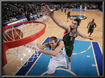 Milwaukee Bucks V Dallas Mavericks: Dirk Nowitzki And Andrew Bogut by Glenn James Pricing Limited Edition Print image