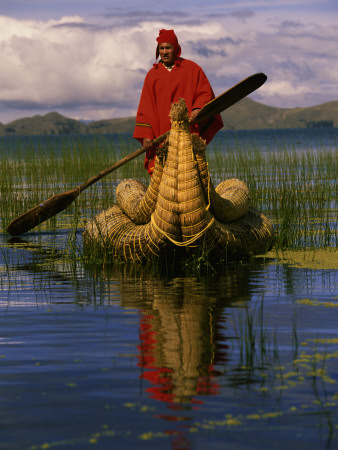 Traditiona Totora Reed Boat & Aymara, Lake Titicaca, Bolivia / Peru, South America by Pete Oxford Pricing Limited Edition Print image