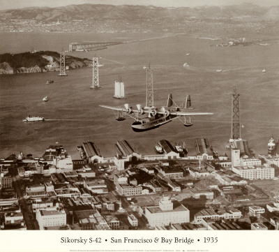 Sikorsky S-42 Over San Francisco And Bay Bridge, 1935 by Clyde Sunderland Pricing Limited Edition Print image