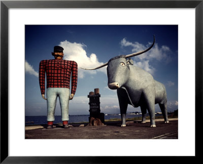 Painted Concrete Sculpture Of Paul Bunyon And His Blue Ox, Babe Standing On Shores Of Lake Bemidji by Andreas Feininger Pricing Limited Edition Print image