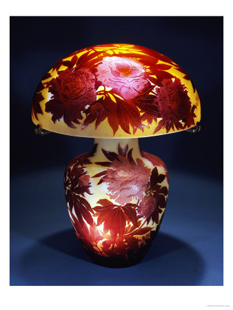 A Fine And Important Peony Overlaid And Et Ched Glass Table Lamp, Circa 1910 by Emile Galle Pricing Limited Edition Print image