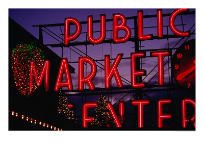 Pike Place Market Neon Sign, Seattle, Washington, Usa by Lawrence Worcester Pricing Limited Edition Print image