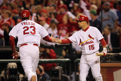 Milwaukee Brewers V Cardinals - G. Five, St Louis, Mo - Oct. 14: David Freese And Rafael Furcal by Jamie Squire Pricing Limited Edition Print image