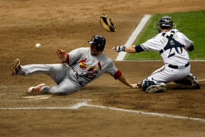 Cardinals V Milwaukee Brewers - G. Six, Milwaukee, Wi - Oct. 16: David Freese And Jonathan Lucroy by Scott Boehm Pricing Limited Edition Print image
