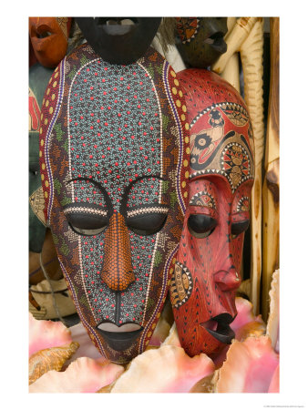 Masks And Conch Shells At Straw Market, Nassau, Bahamas, Caribbean by Walter Bibikow Pricing Limited Edition Print image