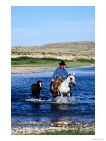 Cowboy Leading Foal Across A River, Aspen, U.S.A. by Curtis Martin Pricing Limited Edition Print image
