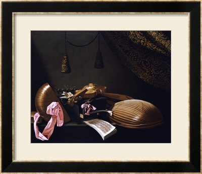 Lutes And Violin On A Table, A Curtain To The Right by Evaristo Baschenis Pricing Limited Edition Print image