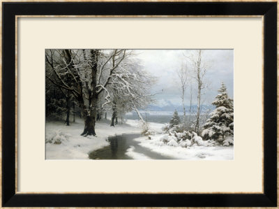 A Wooded Winter Landscape With A Stream And A Lake Beyond by Anders Anderson-Lundby Pricing Limited Edition Print image