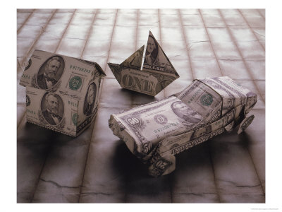 Yacht, Sports Car And Home Made Of Money by Michael Marzelli Pricing Limited Edition Print image