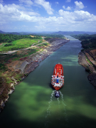 High Angle View Of Cargo Ship On Gaillard Cut, Panama Canal, Near Gamboa, Gamboa, Panama by Alfredo Maiquez Pricing Limited Edition Print image