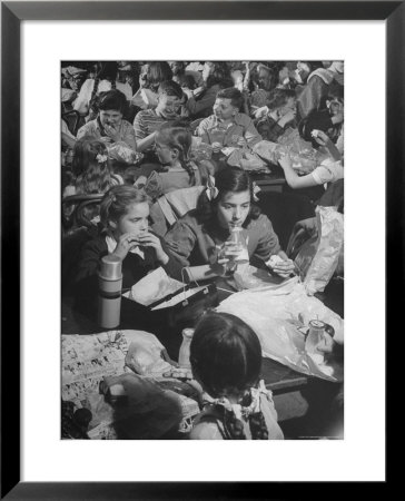 Suzy Creech With Friend Wilma, Typical Girls Known As Pigtailers Eating Lunch In Cafeteria by Frank Scherschel Pricing Limited Edition Print image