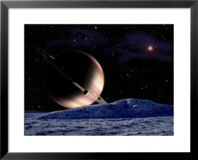 Light From This Ringed Gas Giant Illuminates The Landscape Of A Distant Moon by Stocktrek Images Pricing Limited Edition Print image
