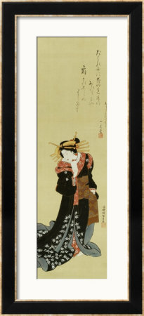 A Standing Courtesan In A Black Kimono Scattered With White Flowerheads Holding A Wad Of Paper by Utagawa Kunisada Pricing Limited Edition Print image
