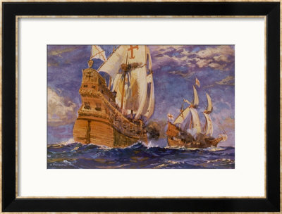 Drake Encounters A Spanish Vessel In The Course Of His Circumnavigatory Voyage In The Golden Hind by O. Rosenvinge Pricing Limited Edition Print image
