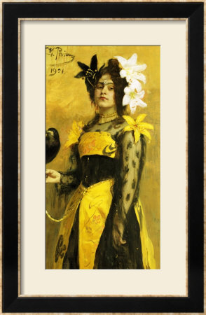 Portrait Of A Lady In A Yellow And Black Gown Adorned With Lilies Holding A Black Bird, 1901 by Ilya Efimovich Repin Pricing Limited Edition Print image