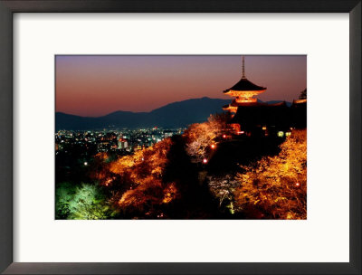 Main Hall, Sakura Trees And Pagoda Lit Up At Night At Kiyomizu-Dera Temple, Kyoto, Japan by Frank Carter Pricing Limited Edition Print image