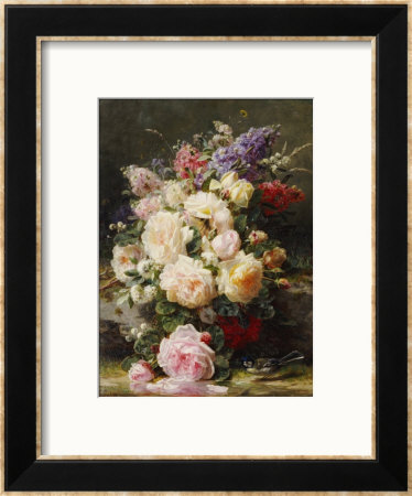 Still Life With Roses, Syringas And A Blue Tit On A Mossy Bank by Jean Baptiste Claude Robie Pricing Limited Edition Print image