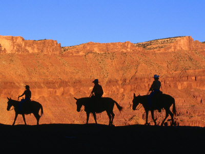 Silhouette Of Mule Riders On Trail Riding Through Professor Valley, Moab, Utah, Usa by Curtis Martin Pricing Limited Edition Print image