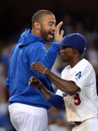 Los Angeles, Ca - July 1: Matt Kemp And Dee Gordon by Harry How Pricing Limited Edition Print image