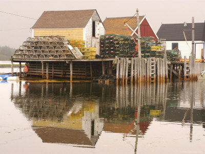 Fishing Shacks Reflected In Water, Blue Rocks by Mark Hemmings Pricing Limited Edition Print image