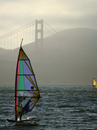 Winsdsurfer On San Francisco Bay Near The Golden Gate Bridge, San Francisco, California, Usa by Lawrence Worcester Pricing Limited Edition Print image