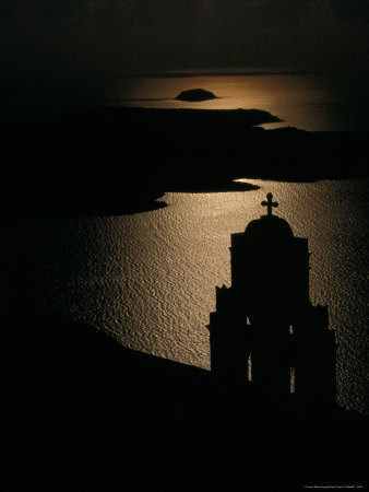 Greek Orthodox Church Silhouetted By Moonlight, Fira, Greece by Cheryl Conlon Pricing Limited Edition Print image