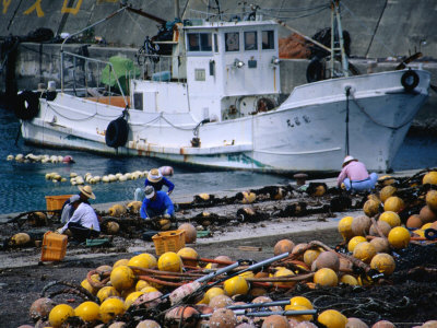 Japanese Fishermen Working At Port, Nakiri, Japan by Cheryl Conlon Pricing Limited Edition Print image