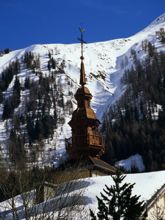 Wooden Church Tower In Ski Village, Argentiere, France by Richard Nebesky Pricing Limited Edition Print image