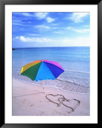 Umbrella On The Beach With Hearts Drawn In The Sand by Bill Bachmann Pricing Limited Edition Print image