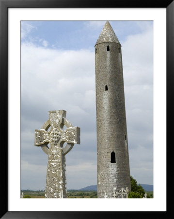 Kilmacdaugh Round Tower And Celtic Style Cross, Near Gort, County Galway, Connacht, Ireland by Gary Cook Pricing Limited Edition Print image