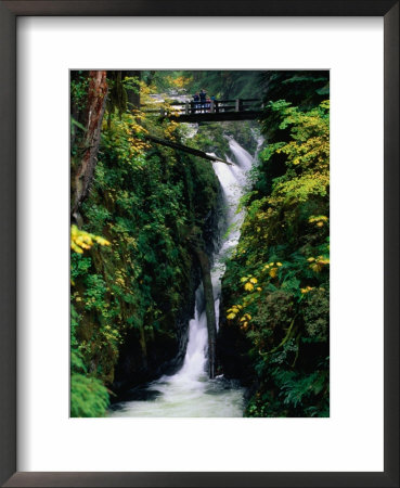 Hikers On Bridge Over Sol Duc Falls, Olympic National Park, Usa by John Elk Iii Pricing Limited Edition Print image