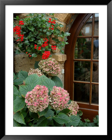 Geraniums And Hydrangea By Doorway, Chateau De Cercy, Burgundy, France by Lisa S. Engelbrecht Pricing Limited Edition Print image