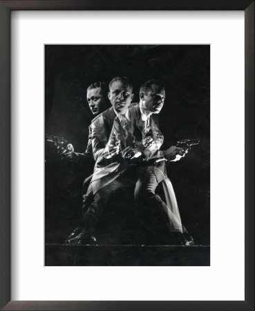 Stroboscopic Image Of Fbi Agent Del Bryce Drawing His Gun And Shooting From Crouching Position by Gjon Mili Pricing Limited Edition Print image