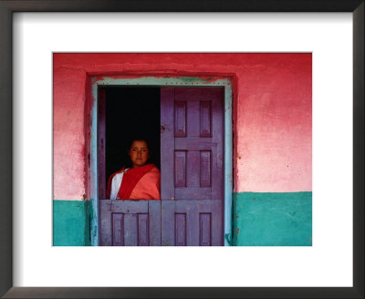 Young Maya Woman In Doorway Of Home Zinacantan, Chiapas, Mexico by Jeffrey Becom Pricing Limited Edition Print image