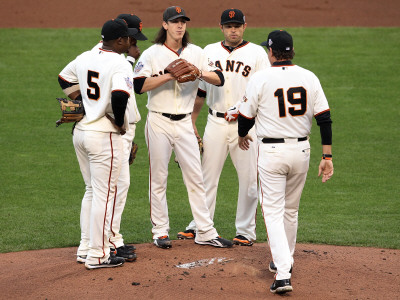 Texas Rangers V San Francisco Giants, Game 1: Dave Righetti, Tim Lincecum by Christian Petersen Pricing Limited Edition Print image