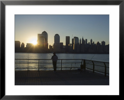 Fisherman Fishing From A Jersey City Pier At Dawn Facing The Manhattan Skyline, Jersey City by Amanda Hall Pricing Limited Edition Print image
