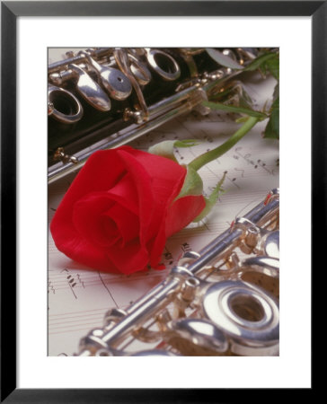 Clarinet And Flute On Sheet Music With Rose by Tomas Del Amo Pricing Limited Edition Print image